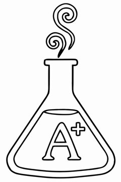 Simple line drawing of a chemistry flask with steam and A plus symbol