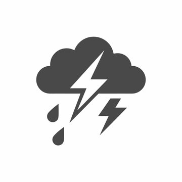 Weather icon of cloud with lightning bolt and raindrop isolated on white background