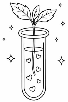 A plant in a test tube with hearts and stars around it