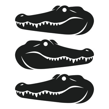 Three black silhouette alligator heads with sharp teeth profiles side view  reptiles icon
