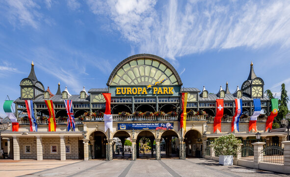 Europa Park in Rust, Baden W&uuml;rttemberg, Germany, popular European theme park with roller coasters, rides and colourful attractions for family travel, tourism and leisure.