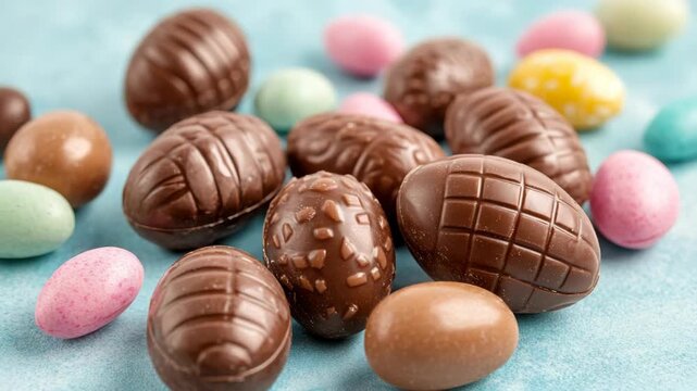 A collection of chocolate eggs with colorful candy shells on a blue background.