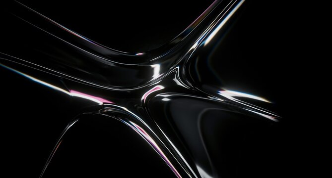 render, 3d iridescent liquid glass ribbon wave line neon rainbow light texture on abstract black background. 3D illustration.Holographic gradient flow speed motion effect. Digital tech banner. copy