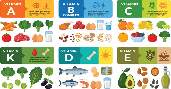 Essential Vitamins and Natural Food Sources Infographic Elements Vector Set Featuring Vitamin A B Complex C K D and E Nutritional Graphic Designs