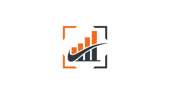 Business growth bar chart logo icon with checkmark and frame in orange and black colors.