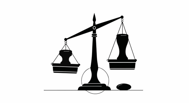 Symbol of justice and balance, with scales weighing legal stamps on a white background.