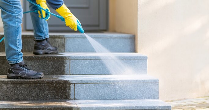 Person Pressure Washing Outdoor Stone Steps