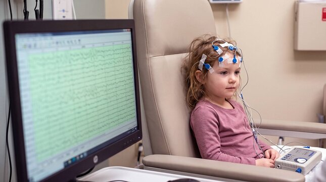 Young Toddler Girl with Blue EEG Electrodes on Head During Neurological Brain Test in Clinic
