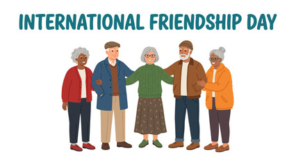 Celebrating International Friendship Day: A diverse group of elderly friends stands together, arm-in-arm, radiating warmth and camaraderie on International Friendship Day. © Karima