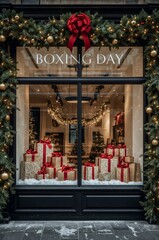 Boxing Day Window Display With Holiday Decorations and Gifts in a Store