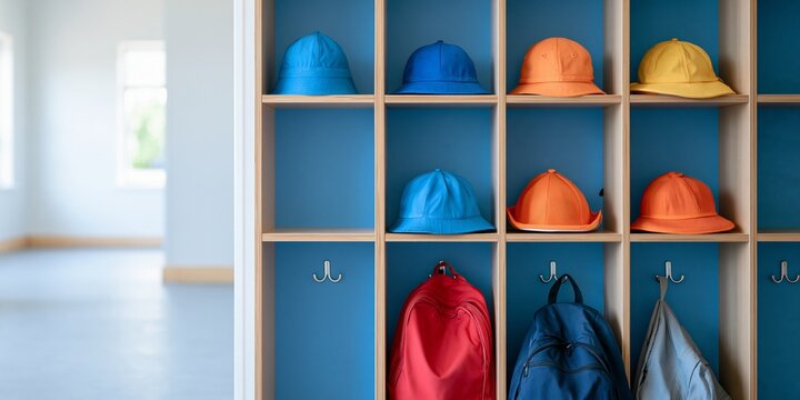 Colorful hats and backpacks in cubby shelves
