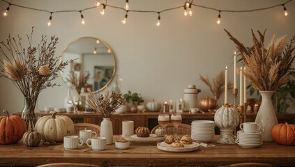 Fototapeta premium Gathering at a Fall-Themed Table With Food and Decorations for Celebration and Sharing