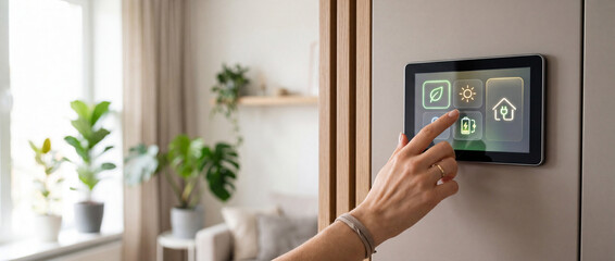 Fototapeta premium Smart home control panel with icons for energy, weather, and security, a hand touches the screen to manage the connected house system for modern living for commercial technology, business