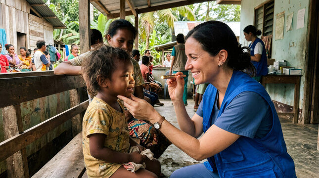 Woman doctor examining eye of young kid with medical penlight. Volunteer humanitarian aid in rural community. Healthcare assistance for underprivileged child in developing global region.