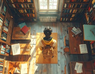 Fototapeta premium A person sits alone at a desk in a library surrounded by books