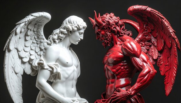 Dramatic artistic sculpture showing a white angel and a red demon with wings in a confrontational stance