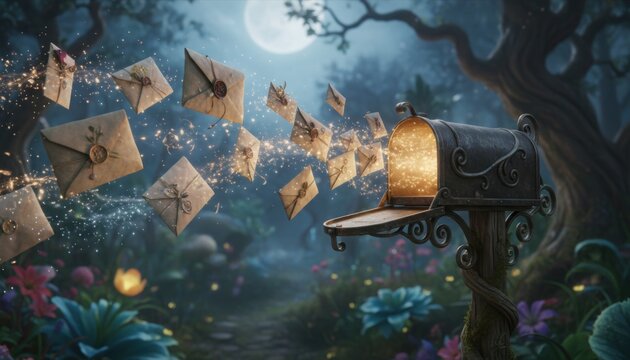 magical letters flying to glowing mailbox in enchanted night forest suggesting fantasy communication