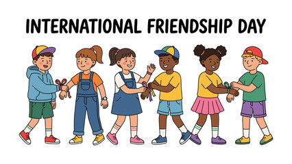Fototapeta premium Kids Celebrating International Friendship Day: Diverse group of young children holding hands and smiling, promoting unity and friendship on International Friendship Day.