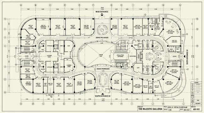 Complex architectural floor plan of a large building with multiple rooms