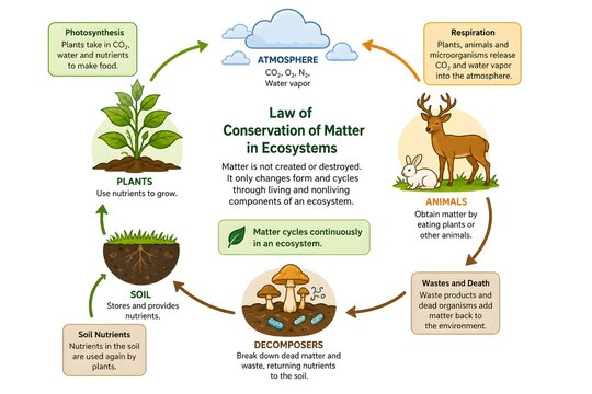 Law of Conservation of Matter in Ecosystems Educational Vector Illustration