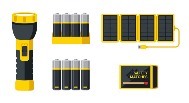 Electric yellow flashlight with sets of alkaline batteries isolated on white