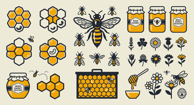 Honeycomb and bee icons illustrating beekeeping, honey, insect life cycle, and natural products on a light background.
