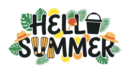 Hello Summer Greeting: A vibrant and festive Hello Summer graphic adorns the image, featuring tropical leaves, citrus slices, a bucket, flippers, and celebratory hats. © Abu