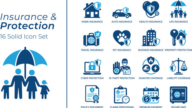 Insurance and Protection 16 Solid Icon Set. Car, Home, Life Insurance and Cyber Security Icon. Blue Vector Icon Collection