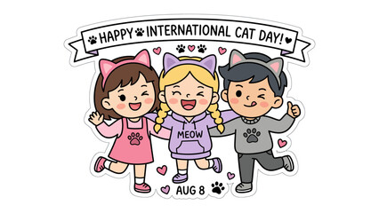 Celebrate International Cat Day: Three adorable cartoon children, adorned with cat ears and paw prints, joyfully celebrate International Cat Day, surrounded by hearts and playful cat motifs.
