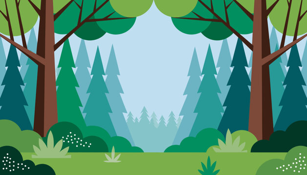 Flat vector illustration of a symmetrical forest clearing, framed by two large deciduous trees with rounded green canopies on either side. Layered pine trees in receding shades of teal.