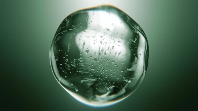 Green aloe vera serum bubble. Organic eco skincare cosmetics macro 3D abstract background. Natural moisturizer essence gel drops. Collagen fluid molecule, detox peptide face lotion for skin renewal