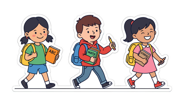School Day Excitement: Three cheerful children with backpacks and books walk side-by-side, eager for a day of learning and fun. Their bright smiles convey the joy of education.