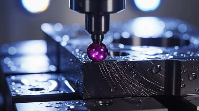 Coordinate measuring machine CMM probe inspecting metal component in factory workshop