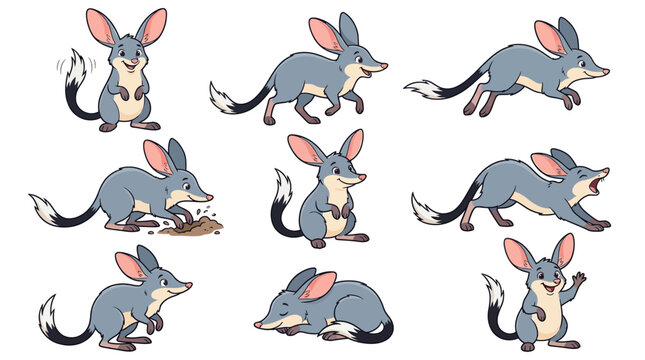 A character sheet featuring various poses of a binturong, showcasing its movements and expressions in different positions.