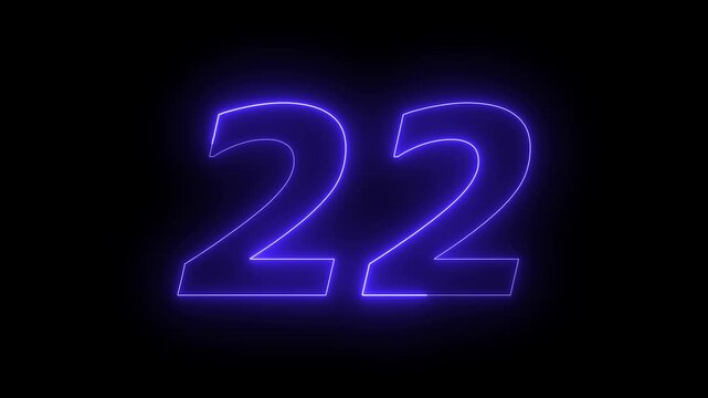 Glowing Neon 22 number educational mathematics text icon animation on black background. a dynamic motion and glowing neon number countdown icon animation.