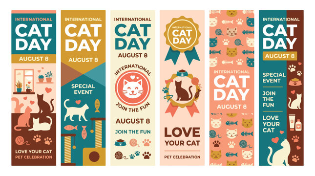 International Cat Day vertical banner set, August 8 pet celebration web ribbons, flat vector feline holiday graphics with kitten silhouettes and paw prints