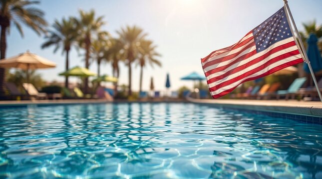 American flag waving proudly on a flagpole next to a luxury resort swimming pool with palm trees for a patriotic fourth of july summer holiday
