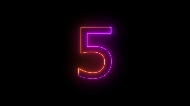Glowing Neon 5 number educational mathematics text icon animation on black background. a dynamic motion and glowing neon number countdown icon animation.
