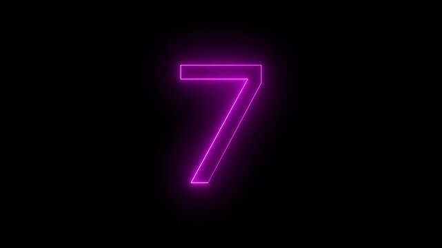 Glowing Neon 7 number educational mathematics text icon animation on black background. a dynamic motion and glowing neon number countdown icon animation.