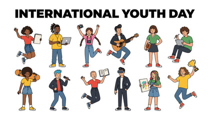 Fototapeta premium International Youth Day Celebration: A vibrant collection of diverse young people engaging in various activities, celebrating International Youth Day with joy and enthusiasm.