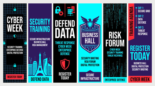 Cybersecurity event banner set with Cyber Week and Security Training themes, digital data defense vertical posters, corporate risk forum web headers