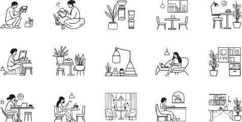 Fototapeta premium Cozy Remote Work and Home Lifestyle Line Art Icons Vector