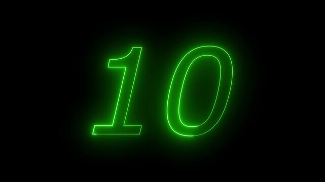 Glowing Neon 10 number educational mathematics text icon animation on black background. a dynamic motion and glowing neon number countdown icon animation.