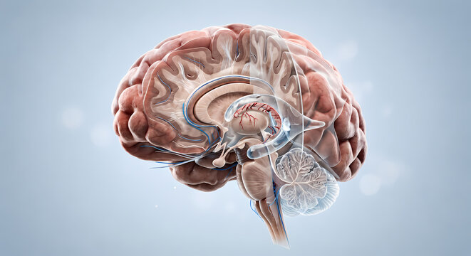 Human brain anatomy cross section with detailed translucent layers showing internal cerebrum structure, medical illustration