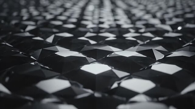 A close-up, low-angle shot of a repeating hexagonal pattern of dark, faceted shapes.