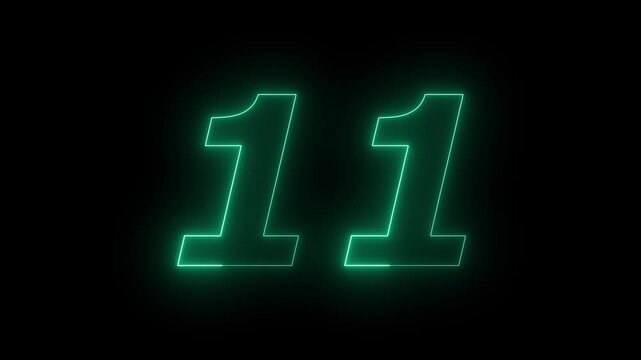 Glowing Neon 11 number educational mathematics text icon animation on black background. a dynamic motion and glowing neon number countdown icon animation.