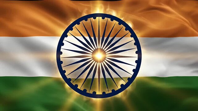The flag of India with the Ashoka Chakra illuminated by a bright sun.