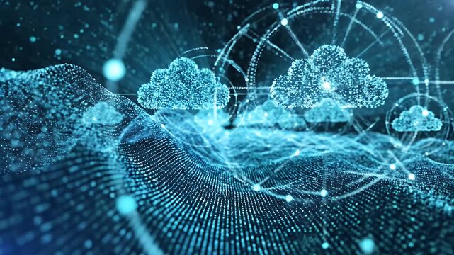 Abstract digital landscape with glowing blue clouds and interconnected data points.