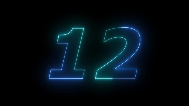Glowing Neon 12 number educational mathematics text icon animation on black background. a dynamic motion and glowing neon number countdown icon animation.