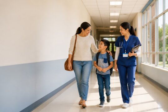School nurse walking with parent and child during health visit